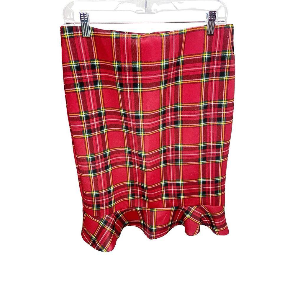 Messini Midi Red Plaid Pull On Skirt w/Ruffled Edge sz M